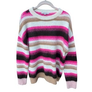 Stripe Sweater Size M Alpaca Pink Brown Grunge Indie Fuzzy Oversized Grandpa